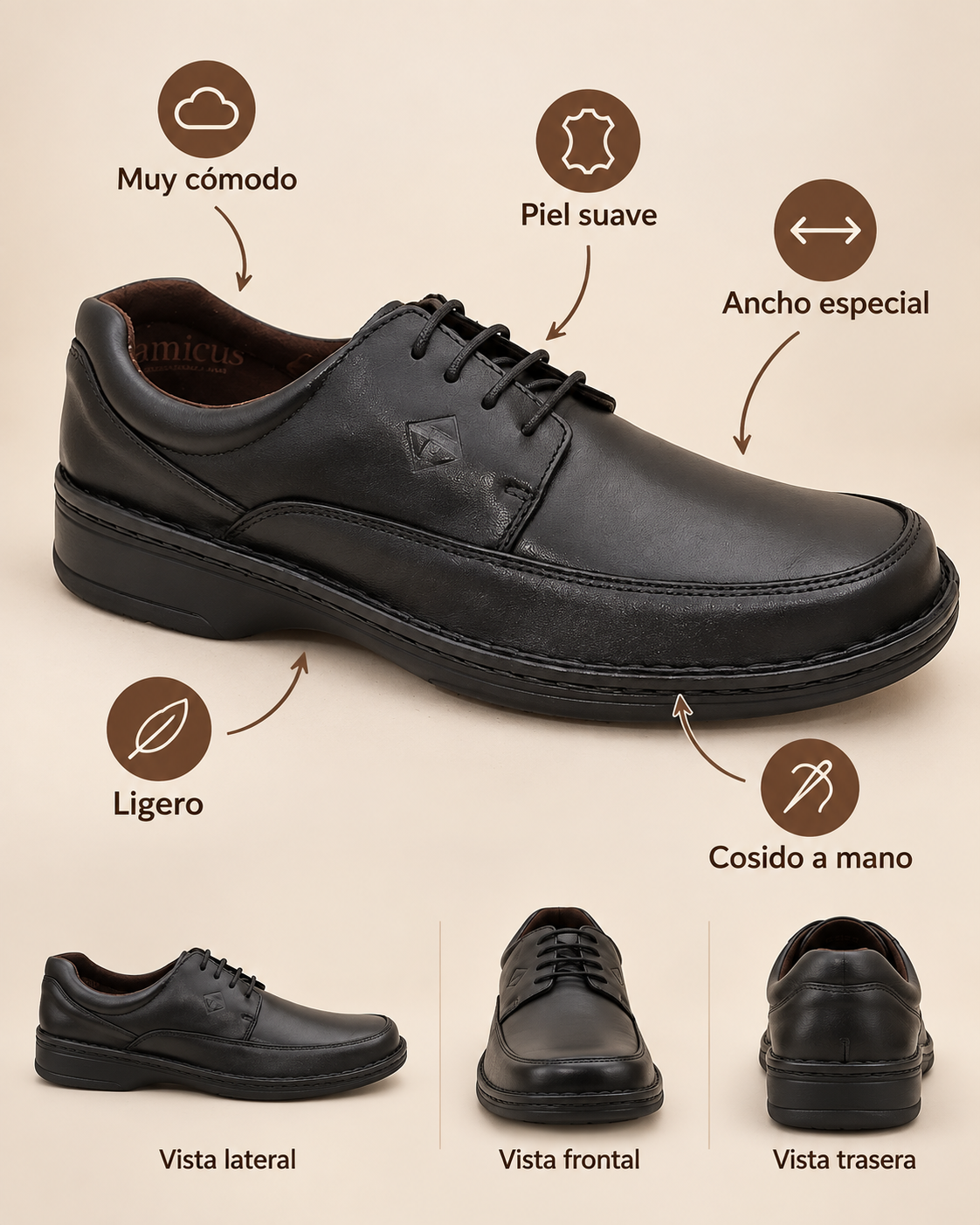 Blucher Ancho cosido a mano negro