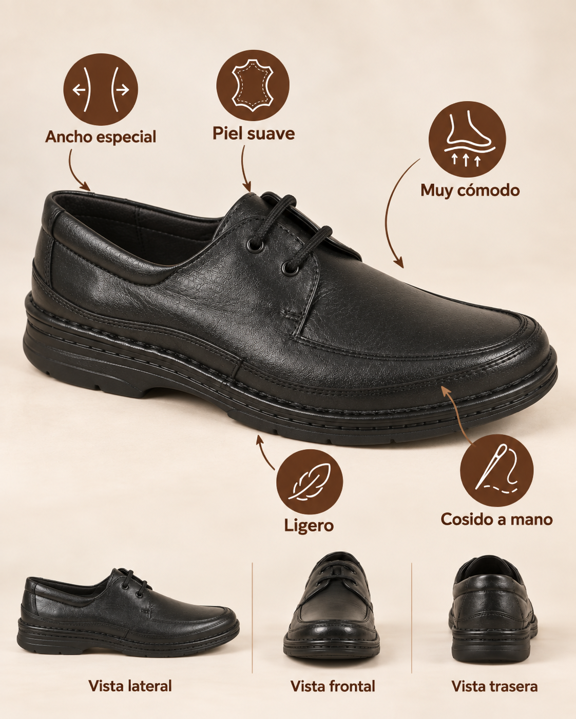 Blucher Ancho especial cosido a mano negro